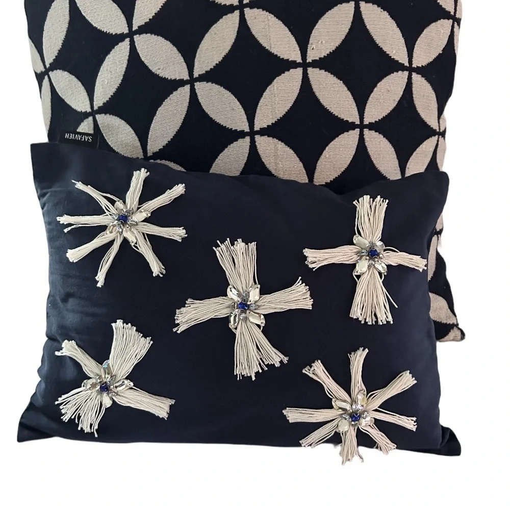 🍀3 for &25 Safavieh Throw Pillow Navy Blue White Tassel Star Crystal Beaded